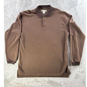 Claiborne Brown Pattern Long Sleeve Polo Shirt Men's Medium Cotton Retro Casual